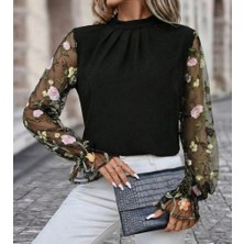 Veralya Kadın Uzun Kollu Yarı Balıkçı Yaka Tül Detaylı Ithal Krep Bluz