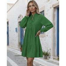 Veralya Kadın Uzun Kollu Yakadan Bağcıklı Fırfırlı Keten Mini Elbise