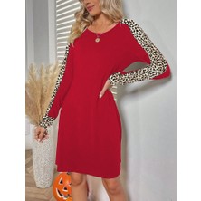 Nidam Butik Kadın Uzun Kollu Bisiklet Yaka Kollar Leopar Detay Iki Iplik Mini Boy Elbise