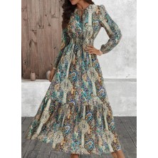 Veralya Kadın Uzun Kollu Uakadabağcıklı Beli Lastikli  Uzun Süprem Elbise