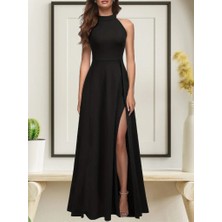 Veralya Kadın Halter Yaka Derin Yırtmaç Detaylı Tam Boy Ithal Krep Abiye Elbise