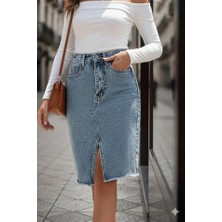 Veralya Kadın Elastik Bel Yırtık Kenar Detaylı Kot Etek