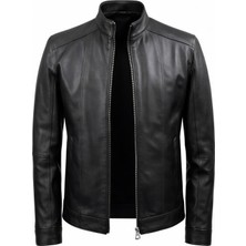 Erkek Hakiki Deri Siyah Dik Yaka Fermuarlı Ceket | Minimal Tasarım, Şık ve Günlük Kullanım