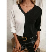 Veralya Kadın Uzun Kollu V Yakalı Çift Renkli Triko Bluz