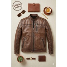 Erkek Kahverengi Hakiki Deri Ceket – Dik Yaka, Fermuarlı, Dikey Göğüs Cepli, Şık Mont