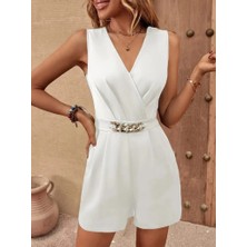 Veralya Kadın Sıfır Kollu V Yakalı Cep Detaylı Ithal Krep Tulum