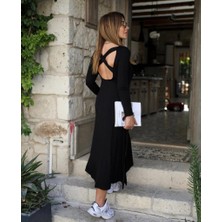 Veralya Kadın Uzun Kollu Bisiklet Yaka Arkası Çapraz Detaylı Viskon Iki Iplik Maxi Elbise