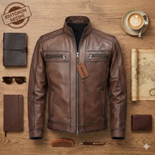 Erkek Hakiki Deri Kahverengi Dik Yaka Ceket | Fermuarlı, Çift Göğüs Fermuar Cepli, Yan Cepli