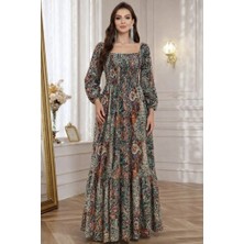 Veralya Kadın Düşük Omuzlu Beli Büzgülü Dijital  Kesik Elyaf Süprem Uzun Elbise