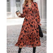 Veralya Kadın Uzun Kollu Kruvaze Yakalı Çiçek Desenli Maksi Süprem Elbise