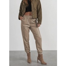 Veralya Kadın Yüksek Bel Lastikli Önü Düğmeli Deri Pantolon