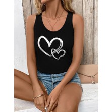 Veralya Kadın Askılı Yuvarlak Yaka Kalp Baskılı Viskon Bluz