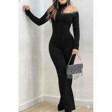 Veralya Kadın Tek Omuzdan Açık Balıkçı Yaka Taş Detaylı Uzun Ithal Krep Tulum