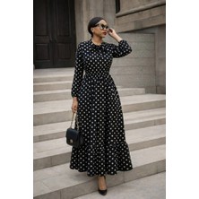 Veralya Kadın Uzun Kollu Yakası Bağcıklı Uzun Puantiyeli Krep Maxi Elbise