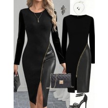 Veralya Kadın Bisiklet Yaka Uzun Kollu Deri ve Fermuar Detay Mini Yırtmaçlı Elbise