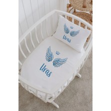 Lilabio Isme Özel %100 Pamuk Lastiksiz Park Yatak Çarşaf Seti (100X120) Mavi Kanat