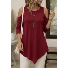 Veralya Kadın Omuzlardan Açık Sıfır Yaka Asimetrik Kesim Detay Viskon Bluz