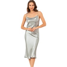 Primoda Degaje Yaka Saten Uzun Gecelik | Su Yeşili 7741