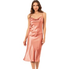 Primoda Degaje Yaka Saten Uzun Gecelik | Bakır 7741