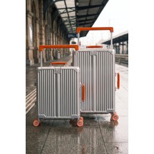 Zeplin Boxy Pc Policarbon 2'li Valiz Seti (Kabin ve Orta) Silver-Turuncu