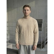 Tarz Cool Erkek Kahverengi Bisiklet Yaka Slim Fit Saç Örgülü Triko Kazak