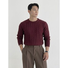 Tarz Cool Erkek Kahverengi Bisiklet Yaka Slim Fit Saç Örgülü Triko Kazak