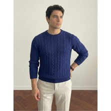 Tarz Cool Erkek Kahverengi Bisiklet Yaka Slim Fit Saç Örgülü Triko Kazak