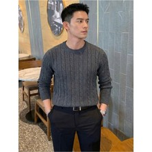 Tarz Cool Erkek Kahverengi Bisiklet Yaka Slim Fit Saç Örgülü Triko Kazak