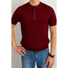 Tarz Cool Erkek Bordo Hakim Yaka Düğmeli Slim Fit Triko T-Shirt