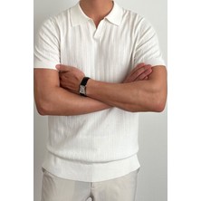 Tarz Cool Erkek Slim Fit Kısa Kol Beyaz Fitilli Polo Yaka Triko T-Shirt Günlük Kullanım İçin