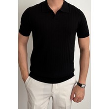 Tarz Cool Erkek Siyah Slim Fit Fitilli Polo Yaka Triko T-Shirt