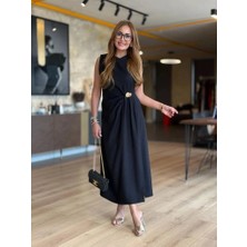 Veralya Kadın Sıfır Kollu Bisiklet Yaka Belden Büzgülü Yırtmaç Detaylı Janjan Krep Elbise