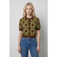 Qoolest Kadın Kısa Kollu Ekoseli Yumuşak Dokulu Crop Triko Hırka