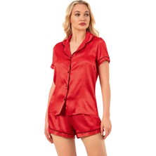 Ahu Kadın Saten Biyeli Kısa Kol Şortlu Pijama Takım | Kırmızı 7847