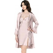 Ahu Dantel Aplikeli Saten Kısa Gecelik Sabahlık Takım | Pudra 7623