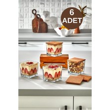 İliva 6'lı Ahşap Kapaklı Lüks Cam Tatlı ve Magnolia Kasesi, Kare Dondurmalık Çerezlik Kase Seti Takımı