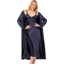 Ahu Kadın Saten Dantel Detaylı Midi Gecelik Sabahlık Takım | Lacivert 7833