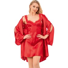 Ahu Kadın Saten Marabu Yaka Yırtmaç Kol Gecelik Takım | Kırmızı 7806