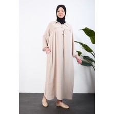 Oktayusta Collection Önü Yarım Pat Düğmeli Gömlek Yaka Robalı Mevlana Elbise Bej