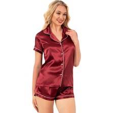 Ahu Kadın Saten Biyeli Kısa Kol Şortlu Pijama Takım | Bordo 7847