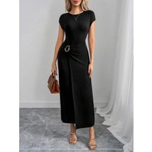 Veralya Kadın Yarım Ay Kollu Yuvarlak Yaka Önünde Toka Detaylı Modal Maxi Elbise