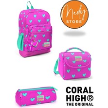 Coral High Neon Pembe Su Yeşili Kalp Desenli 3’lü Okul Çanta Seti