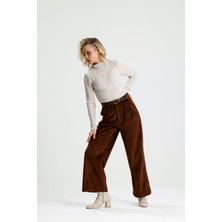 Rose Quenn Fitilli Kadife Kumaşından Geniş Paça Yüksek Bel Palazzo Pantolon