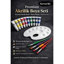 KarmaOfis Premium Akrilik Boya Seti – 10 Canlı Akrilik Renk (Tüp) + Resim Paleti + 4’lü Fırça Seti
