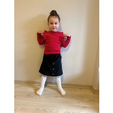 Kids Çocuk Yeni Sezon Kız Çocuk Fırfırlı Uzun Kollu Bluz & Kadife Etek Takım