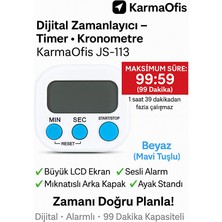 KarmaOfis Dijital Kronometre Beyaz • Mavi Tuşlu • 99 Dakika Alarmlı Timer • Büyük LCD