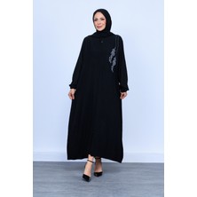 Oktayusta Collection Yaprak Taş Işleme Detaylı Tam Boy Gizli Patlı Siyah Ferace