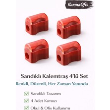 KarmaOfis Sandıklı Kalemtraş Kırmızı 4’lü Set | Renkli Kalemtraş | Dökülmez Tasarım | Okul & Ofis Kullanımı