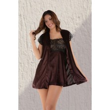 Sistina Storozde Kahverengi Kadife Sabahlık & Gecelik Takım 2' Li - 1429 - Beden L