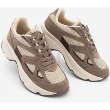 Marjin Kadın Sneaker Yüksek Kalın Taban Çok Parçalı Bağcıklı Spor Ayakkabı Volina Vizon Süet